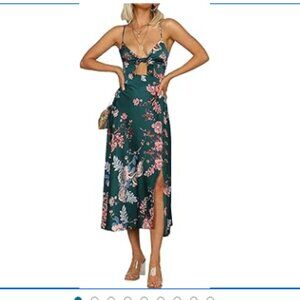 Green floral spaghetti strap dress with front cut out